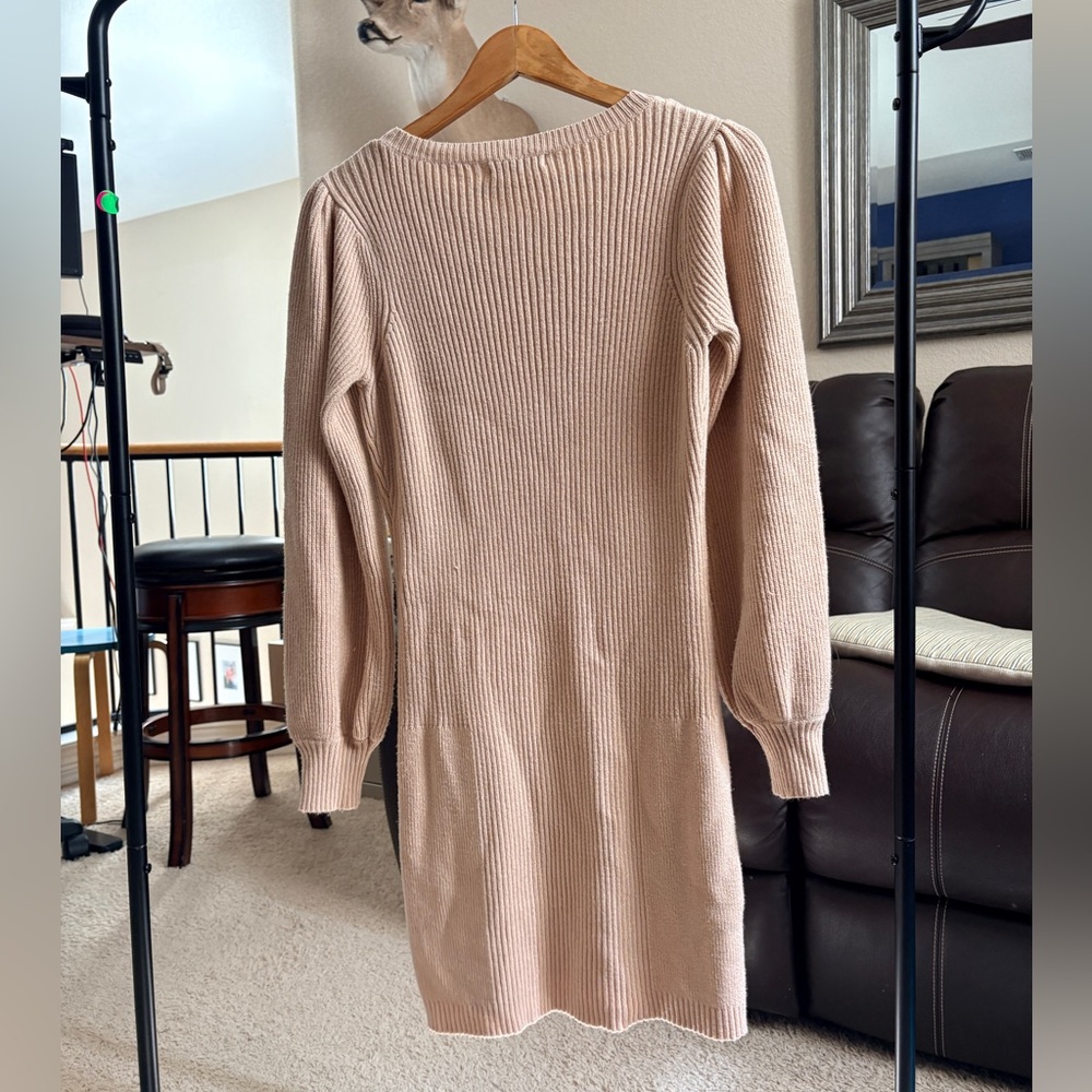 Beige Ribbed Knit Sweater Dress - Picture 3 of 5